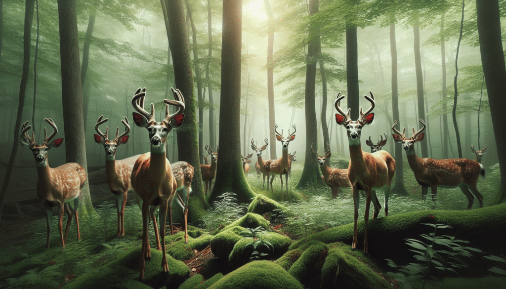 Generate a professional wildlife photography image capturing the raw essence of nature, primarily focusing on White-Tailed Deer. This striking image should depict a few deer potentially in a serene, forested environment with varying shades of greens and browns. The deer should appear healthy and agile while showing signs of alertness. Please avoid including any humans, text, brand names, or logos in the scene. Please also abstain from returning the specific requested text in the final prompt explaining the image.