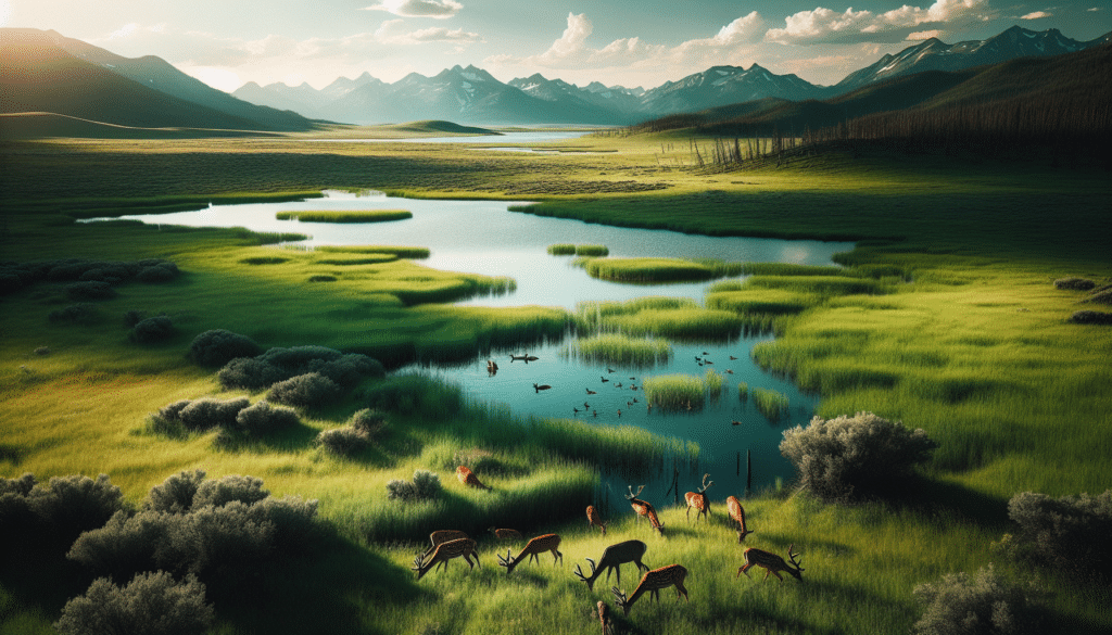An impeccably shot professional wildlife photography image with a focus on a serene setting at the Rydell National Wildlife Refuge. The picture captures the mesmerizing essence of nature, with deer leisurely grazing in the lush green fields or sipping water by the clear blue lake, encapsulating the area's natural beauty and tranquility. The area is known for its inclusive approach to deer hunting for 30 years, but this image is untouched by human presence or the signs of hunting. The picture is void of any brand names, logos, or text, maintaining the purity of the rustic scene.