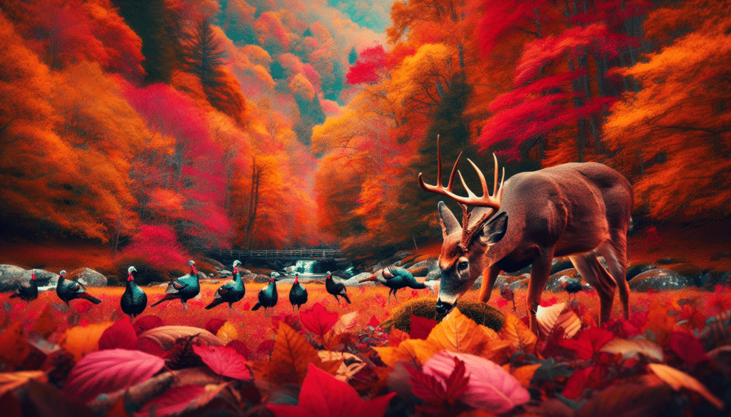 A vibrant nature scene set in Tennessee. In the foreground, a wild deer is grazing in a sea of colorful fall foliage, its magnificent antlers standing out against the backdrop. Its calm demeanor is indicative of the quiet solitude of its remote habitat. In the distance, a flock of wild turkeys roams around, adding to the wilderness theme. The serene environment has a hue of autumn, warm hues of oranges, reds, and yellows paint the leaves on the trees, blanketing the ground. The image is devoid of any human presence, focusing only on the wildlife, portraying the pristine natural richness of the region.