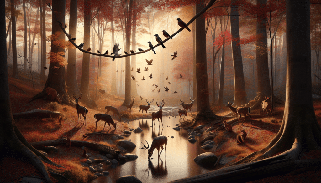 Create an image capturing the serene wilderness of a Massachusetts island during extended deer hunting season. The focus should be on a herd of deer grazing in the forest with birds perched on the branches overhead and squirrels darting around in the trees. Autumn leaves should be falling from the trees, evoking the sensation of an extended season. There should be no human presence in the scene, no text, or branding. The scene should be bathed in natural light as the sun sets, painting the sky in hues of red and orange. Also, include elements of a freshwater stream flowing nearby, contributing to the overall wilderness vibe.