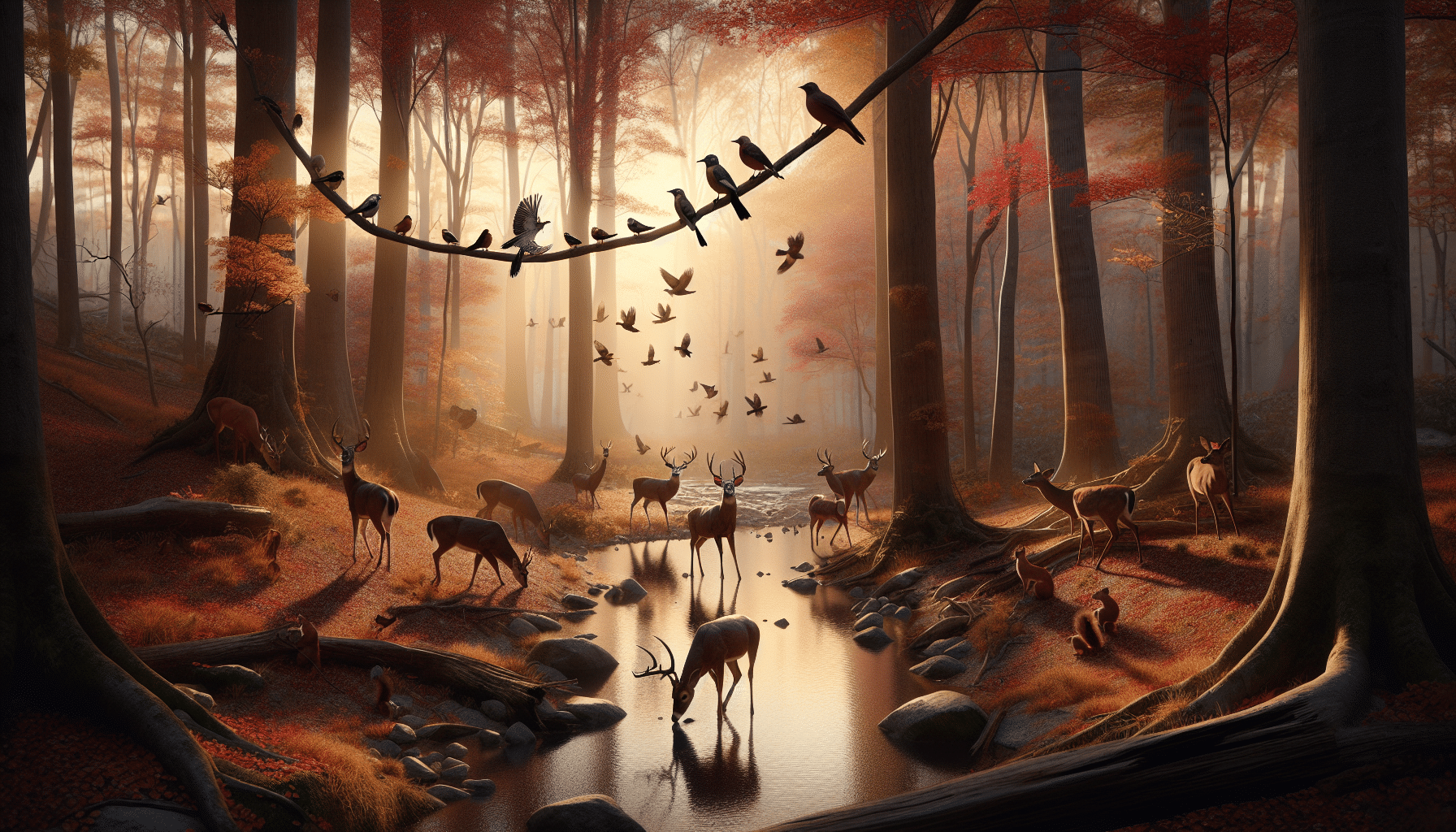 Create an image capturing the serene wilderness of a Massachusetts island during extended deer hunting season. The focus should be on a herd of deer grazing in the forest with birds perched on the branches overhead and squirrels darting around in the trees. Autumn leaves should be falling from the trees, evoking the sensation of an extended season. There should be no human presence in the scene, no text, or branding. The scene should be bathed in natural light as the sun sets, painting the sky in hues of red and orange. Also, include elements of a freshwater stream flowing nearby, contributing to the overall wilderness vibe.
