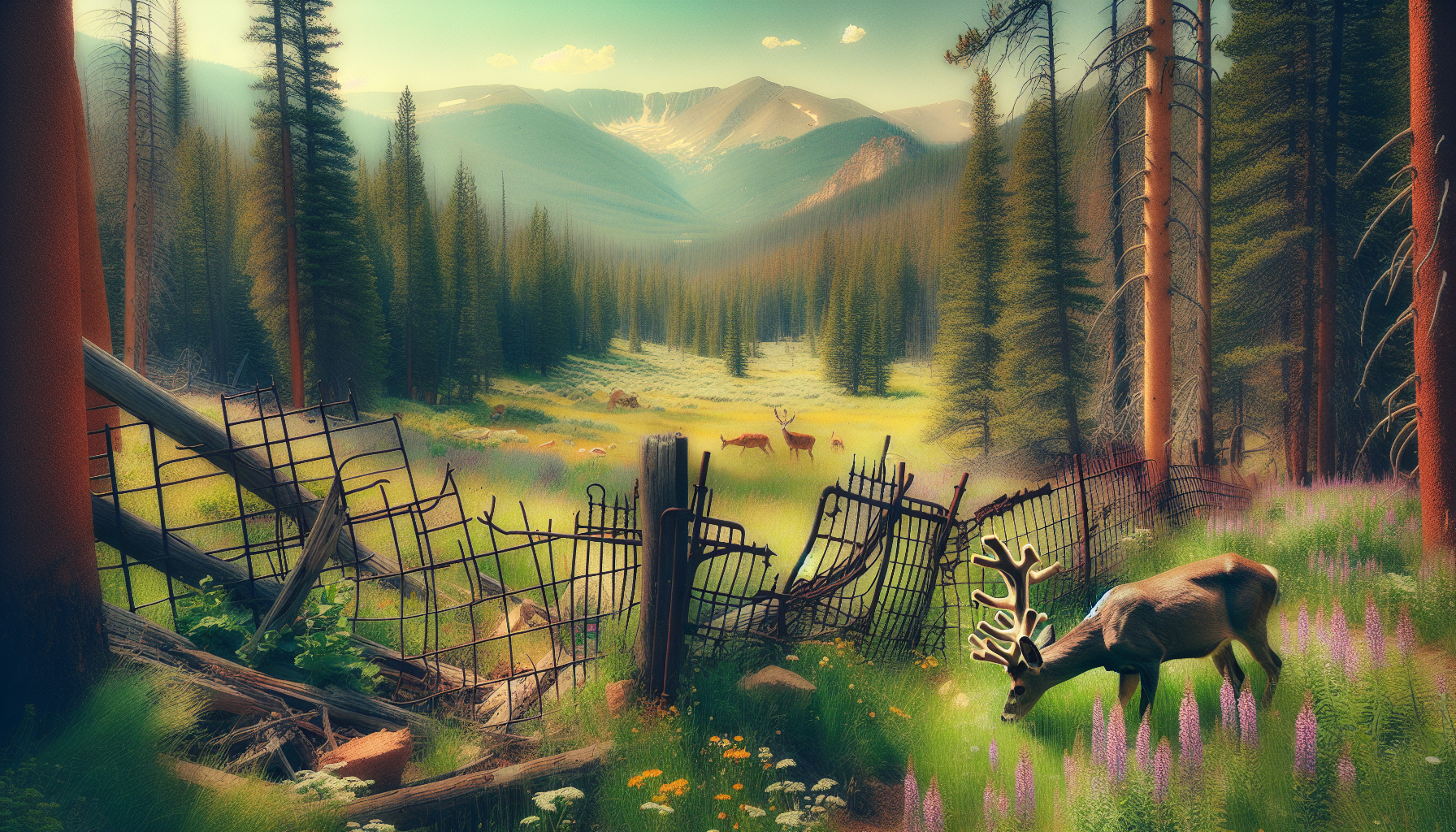 Create an image of a beautiful wildlife scene in Colorado Springs. The focal point is a deer that was previously trapped in an iron fence, but now it is free, grazing peacefully near the forest's edge. The remnants of an iron fence suggest the adversity it has overcome, but no humans are visible in the scene. The surrounding environment showcases a rich variety of flora and fauna typical to the region, with towering trees, blooming wildflowers, and distant mountain peaks, emphasizing the natural beauty and resilience of wildlife.