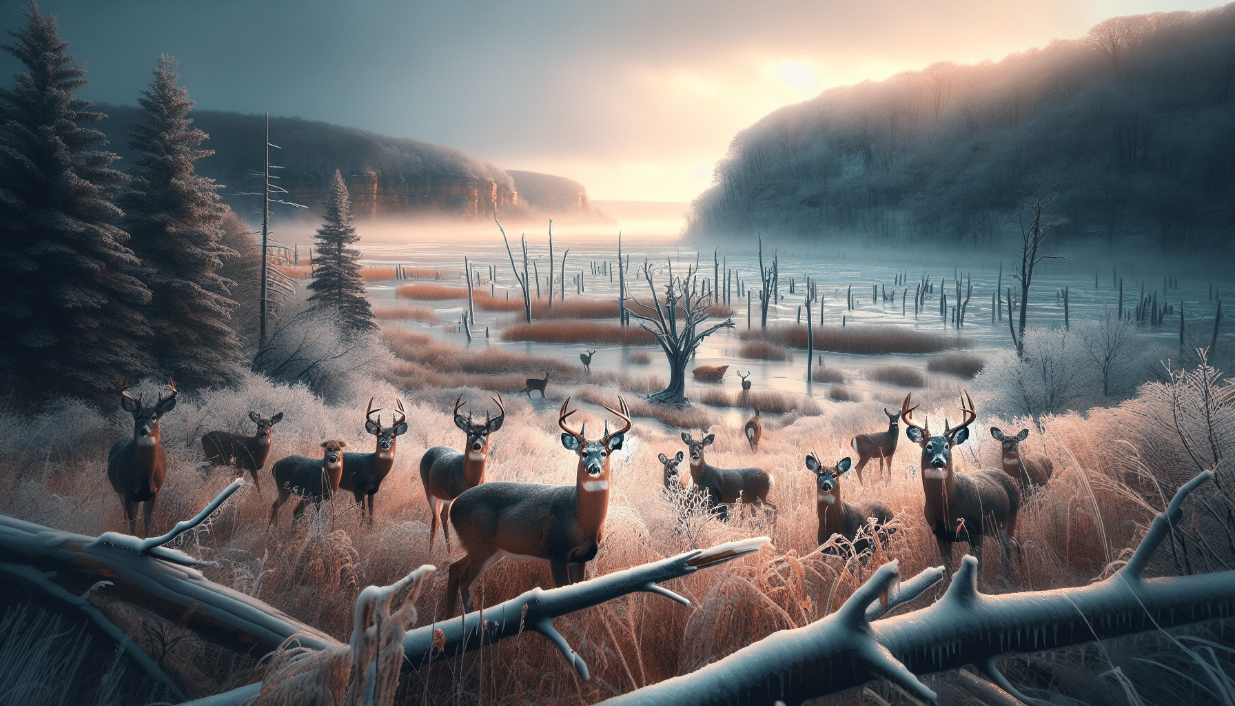 Generate an image depicting a stunning, professional level wildlife scene, focusing primarily on deer. The setting should be in the state of Michigan, with the landscape reflecting the harsh conditions of an ice storm. The image should also subtly convey a sense of threat to the wildlife, possibly through indications of disease in the environment, such as ailing plants or trees. There should be no people, text, brand names, or logos present in the image.