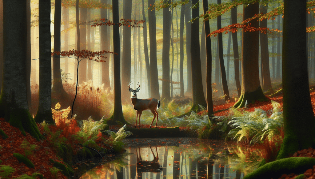 Generate an image representing a professional wildlife photograph capturing the essence of North Central Ohio. The scene should consist of a peaceful deer amid natural settings, conveying an undercurrent of the threat posed by Epizootic Hemorrhagic Disease. The deer is standing alertly in mixed deciduous woodland that's typical of the region. Autumn leaves sprinkle the forest floor while morning mist lazily hovers above a nearby ripple-free pond. Make sure there are no people, text, brand names or logos anywhere within the image.