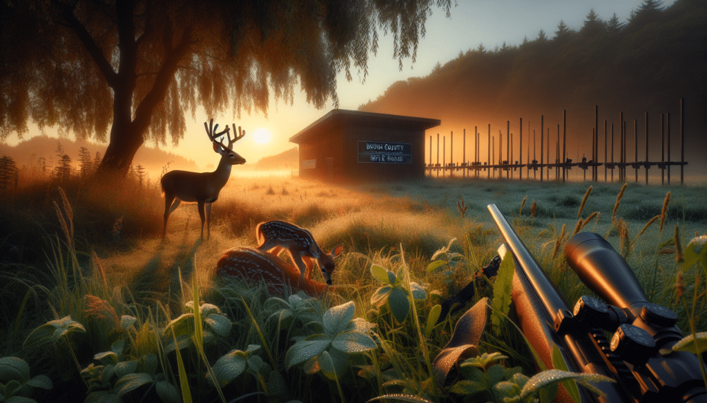 Picture an atmosphere of anticipation at the Brown County Rifle Range, all decked up for the 2025 Deer Hunting Season. Imagine a serene early morning nature scene. Dewed grass glistens in the dawning light, as a doe and its fawn graze undisturbed amidst the wild foliage. A deer antler partially buried in the foreground signifies the upcoming hunting season. Nearby, the tall silhouettes of a rifle range, devoid of people but imbued with quiet anticipation, stand under the rising sun. No signs of human presence, no text visible, no brand names or logos, just pure and spectacular wildlife.