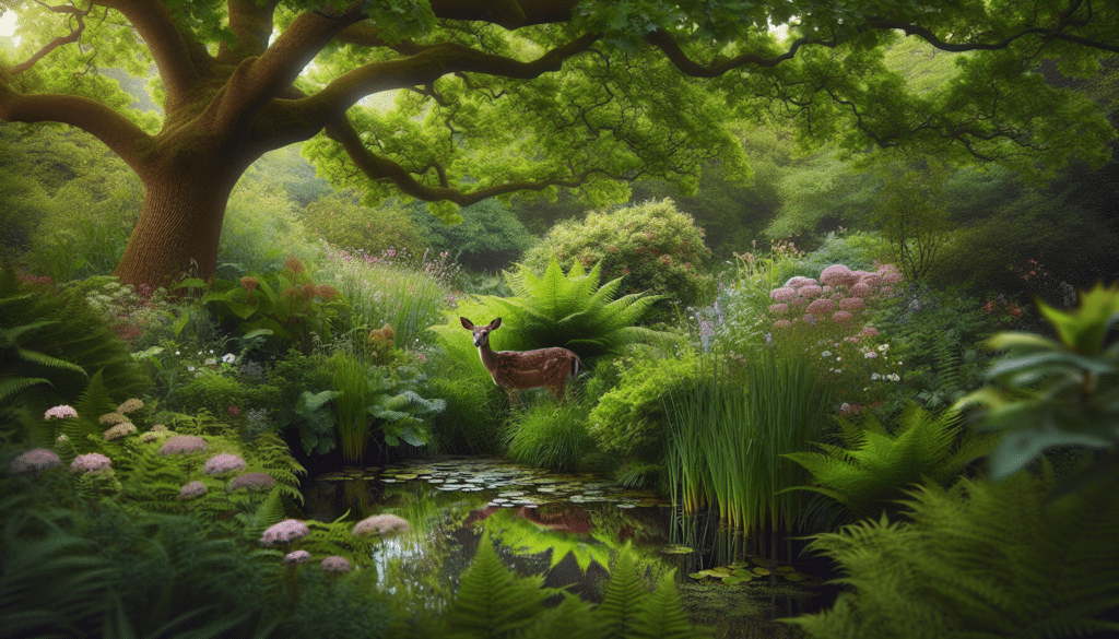 Create an image in the style of professional wildlife photography. In this serene nature scene, a deer is subtly hidden amongst a lush wildlife garden. Visually rich elements of the scene could include dense clusters of green foliage, blooming flowers, or even a pond rippling with the movement of pond life. Additionally, the deer could be PEERING out slightly from behind a large oak tree, HIDDEN behind dense shrubs, or MERGED with the shadows on the garden floor. Ensure there are no visible brand names, logos, or any humans. Do not include any text within the image either as part of the scene or on any items.