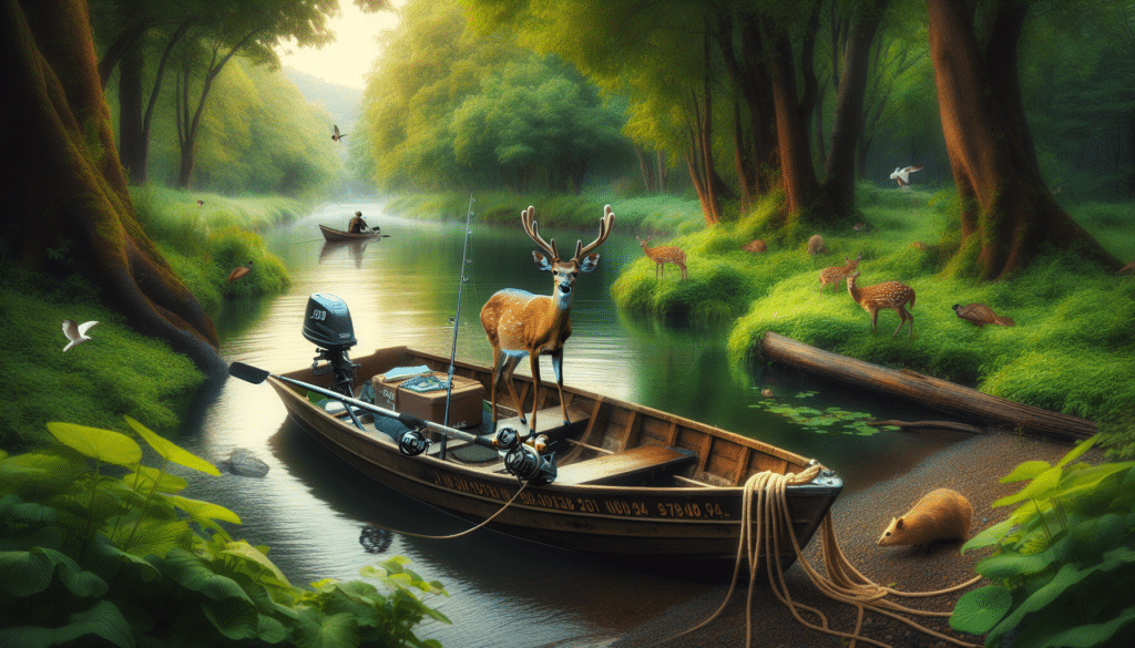 Create a vibrant and engaging wildlife scene that is suitable for a wildlife photography article. The scene should be set amidst a fishing tournament, perhaps capturing a small rustic river surrounded by lush greenery. A deer, highlighting its innocence and curiosity, should be stepping aboard an abandoned angler's boat tied by the riverbank. The boat should be simple, devoid of any text, items, brand names, or logos. The surrounding area should be rich with nature and wildlife, ideally buzzing with birds in the sky and small critters on the shoreline. Please exclude any human presence in the scene.