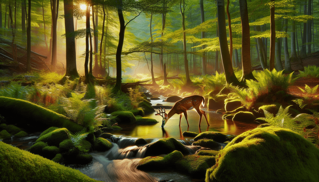 Generate a professional wildlife photograph showcasing Ohio's natural landscape during the deer bow hunting season. The scenery should vividly display serene woodlands enriched with stately trees, rustling shrubbery and lush fauna. A few richly toned deer should be at the heart of the image, perhaps stealthily moving between the trees or quietly drinking from a pristine stream. The image should reflect the vibrance and tranquility of nature, devoid of human presence, brand names or logos. Also, ensure that there are no texts or inscriptions within the image.