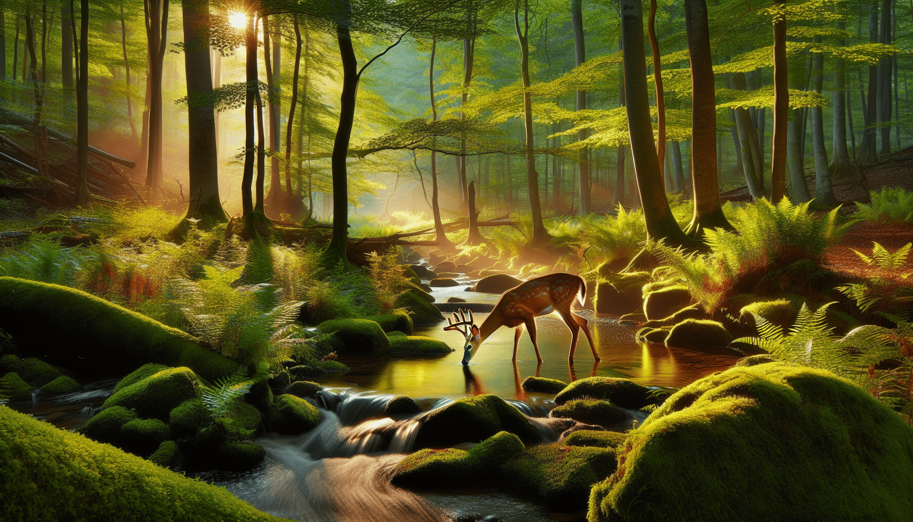 Generate a professional wildlife photograph showcasing Ohio's natural landscape during the deer bow hunting season. The scenery should vividly display serene woodlands enriched with stately trees, rustling shrubbery and lush fauna. A few richly toned deer should be at the heart of the image, perhaps stealthily moving between the trees or quietly drinking from a pristine stream. The image should reflect the vibrance and tranquility of nature, devoid of human presence, brand names or logos. Also, ensure that there are no texts or inscriptions within the image.