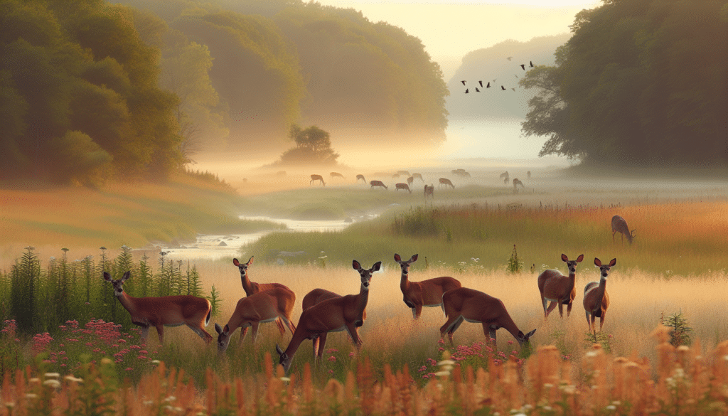 Create a professional wildlife photograph focusing on a serene scene from Northwest Missouri. Picture a tranquil landscape bathed in soft, natural light. Capture a group of elegant deer grazing in an open meadow. The deer are relaxed, their coverage of fur displaying a range of shades from light fawn to deep chestnut, their eyes alert and curious. While the deer are the focal point of the image, also portray a rich background depicting the biodiversity of the area. Include distant trees, a babbling brook, flowering plants, and possibly a variety of birds in flight making their way across the clear sky