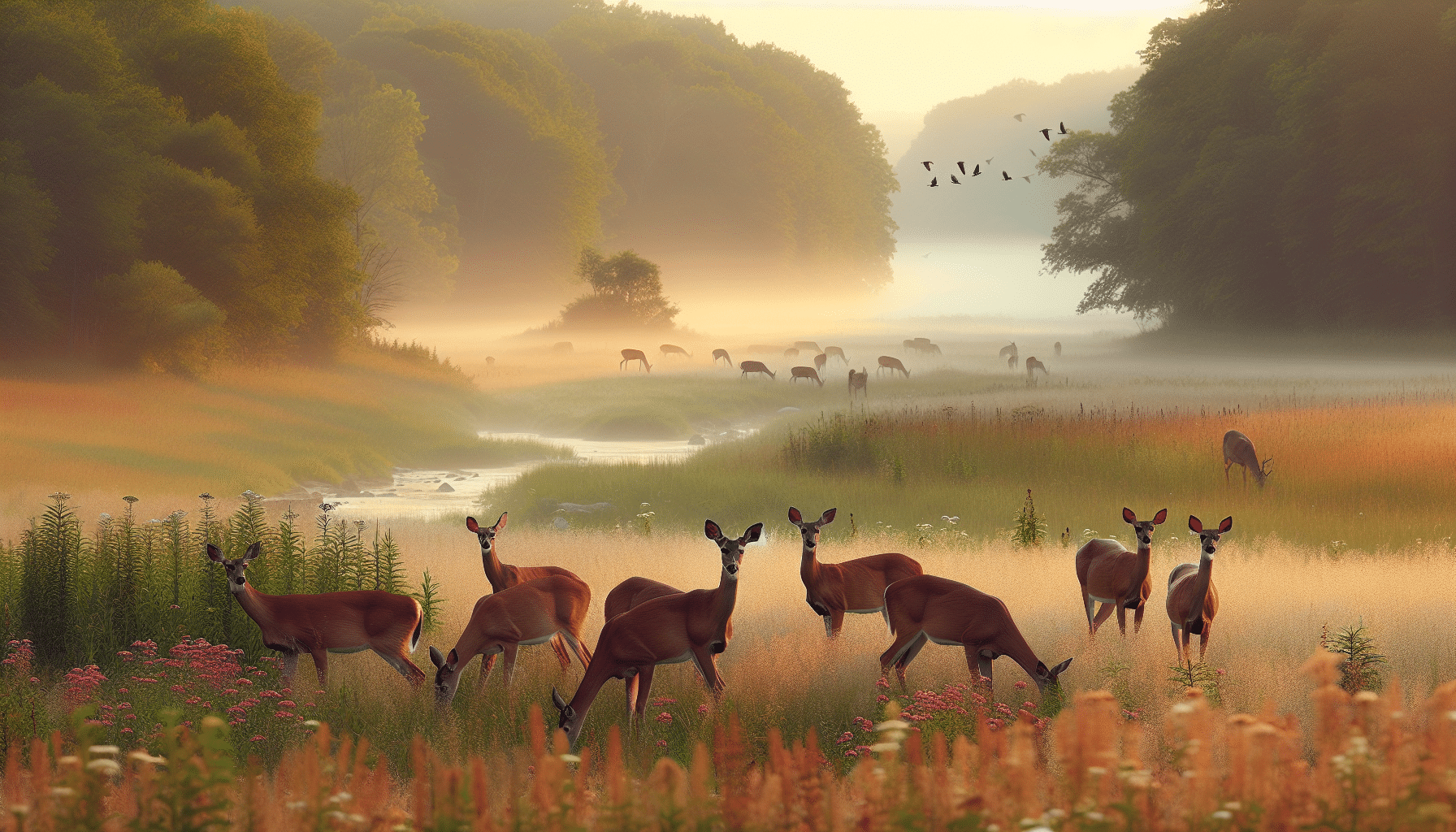 Create a professional wildlife photograph focusing on a serene scene from Northwest Missouri. Picture a tranquil landscape bathed in soft, natural light. Capture a group of elegant deer grazing in an open meadow. The deer are relaxed, their coverage of fur displaying a range of shades from light fawn to deep chestnut, their eyes alert and curious. While the deer are the focal point of the image, also portray a rich background depicting the biodiversity of the area. Include distant trees, a babbling brook, flowering plants, and possibly a variety of birds in flight making their way across the clear sky