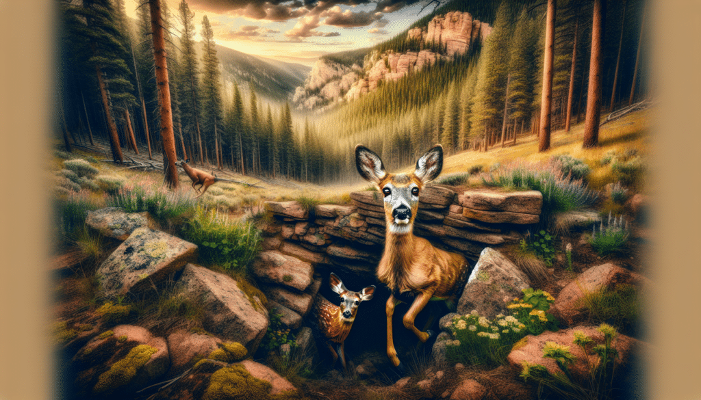 A dynamic wildlife image depicting a serene scene within the landscape of Colorado Springs. The centerpiece is a startled, yet graceful deer entrapped within rocky terrain. It's large, doe eyes reflecting a potent mix of fear and hope. Nearby, a dedicated and loyal companion, another deer, anxiously waits at a safe distance. Around them, a backdrop of dense forest, comprised of towering pine trees and interspersed with vibrant patches of wildflowers. The image is devoid of human presence, brands, logos, or any text. Instead, it thrives on natural details, textures, and the palpable emotions of the unfolding wildlife drama.