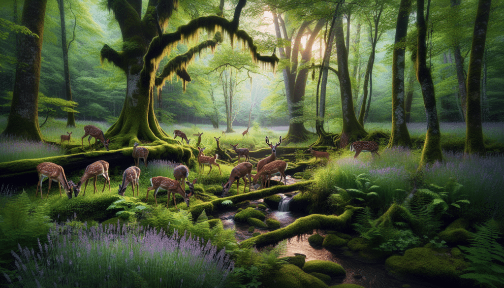 Present a serene scene from a Kentucky forest featuring a collection of deer grazing on a lush carpet of foliage. Ensure an array of wildlife and nature details - include towering oak trees, a bubbling creek and diverse flora such as ferns, lavender, and moss. The deer should be captured at different angles, amplifying the majesty and grace they carry. Make the atmosphere peaceful and tranquil, as if freezing a moment of harmony before an invisible storm. The lighting should evoke the cool and calm of early morning, casting a soft glow on the scene. There should NOT be any humans, brand names, or text anywhere in the picture.
