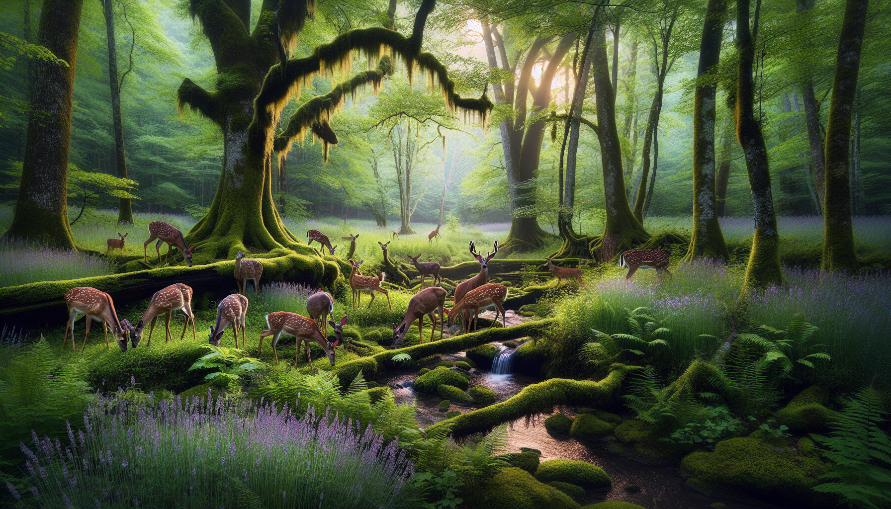 Present a serene scene from a Kentucky forest featuring a collection of deer grazing on a lush carpet of foliage. Ensure an array of wildlife and nature details - include towering oak trees, a bubbling creek and diverse flora such as ferns, lavender, and moss. The deer should be captured at different angles, amplifying the majesty and grace they carry. Make the atmosphere peaceful and tranquil, as if freezing a moment of harmony before an invisible storm. The lighting should evoke the cool and calm of early morning, casting a soft glow on the scene. There should NOT be any humans, brand names, or text anywhere in the picture.