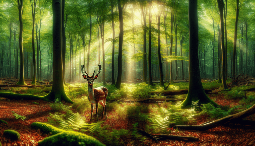 Create a high-quality, professional wildlife photography image that could serve as an illustration for an article on wildlife and deer hunting. The image should be devoid of human presence and brand logos. It should focus heavily on a natural, serene outdoor setting. Perhaps a dense, vivid forest with dappled sunlight filtering through the leaves onto the forest floor below. It should feature a single deer, elegant and alert, grazing calmly or may be looking curiously towards the camera. This image should encapsulate the tranquillity and allure of wildlife, underlining the importance of respecting and preserving it.