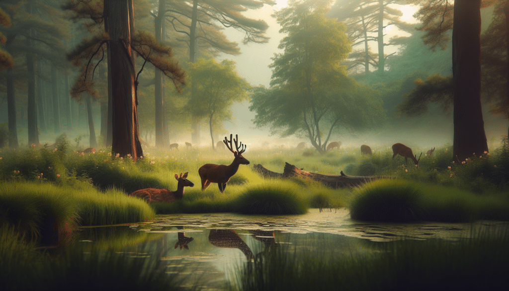 Capture the serene beauty of wild deer in their natural habitat as part of a wildlife conservation program. The image should depict a couple of deer, both male and female of different descents, possibly grazing or relaxing in the lush green meadow, bathed in the soft light of dusk. Include a few close-ups of deer, emphasizing their grace and majesty. The surroundings should be rich in biodiversity indicating a healthy ecosystem, with towering trees and grassy undergrowth. Additionally, depict a tranquil background, populated by silhouettes of more deer, possibly near a serene waterbody. All images should be devoid of human presence, text, and brand names.