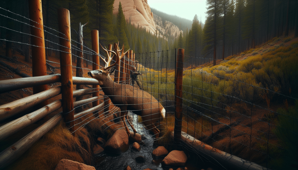 Create an authentic wildlife photography scene from Colorado Springs showing a deer in the process of being rescued after getting trapped in a fence. The scene should capture the drama of the rescue without depicting any human rescuers present. The surrounding environment should be quintessentially Coloradoan, with features like pine forests, mountainous landscapes or other native vegetation. The deer should be the primary focus of the image. It should convey the deer's plight, yet hint at the impending success of the rescue. No visible text, brand names or logos should be included in this image.