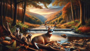A crisp, high resolution image capturing the integral essence of Pennsylvania's nature, perfectly fit for a wildlife hunting season. The heart of the scene is an admirable, healthy deer, its majestic antlers prominent, positioned cautiously by the edge of a tranquil, glistening forest stream. The surrounding beautiful wooded hills are flourishing with autumnal-toned foliage. Nearby, a family of raccoons gather, their beady eyes reflecting the fading sunset hues. A squirrel scampers along a distant tree branch, its fluffy tail forming a stark silhouette against the evening sky. Absolutely no human presence, brand names, or logos are in sight. The image invokes a sense of real, visual journey into the wild outdoors of Pennsylvania.