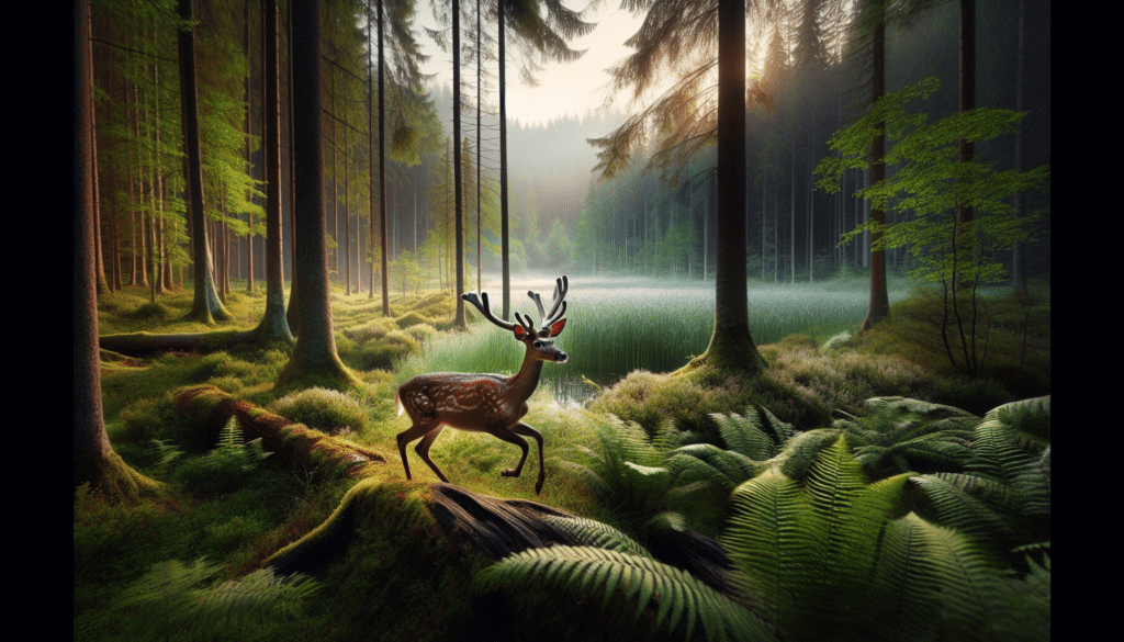Create a captivating, professional wildlife photography image. The scene should depict a tranquil nature scene with a primary focus on a beautiful deer in its natural habitat. The deer should be poised as if startled, alert, and ready to leap. It is important to display the grace and beauty of the deer in its natural environment. The background could contain an expansive forest setting with tall trees dominating the landscape. The time of day could be in the early morning when the dew is still settled on the lush, green vegetation. Note that there shouldn't be any people, brand names, logos, or text within the image.