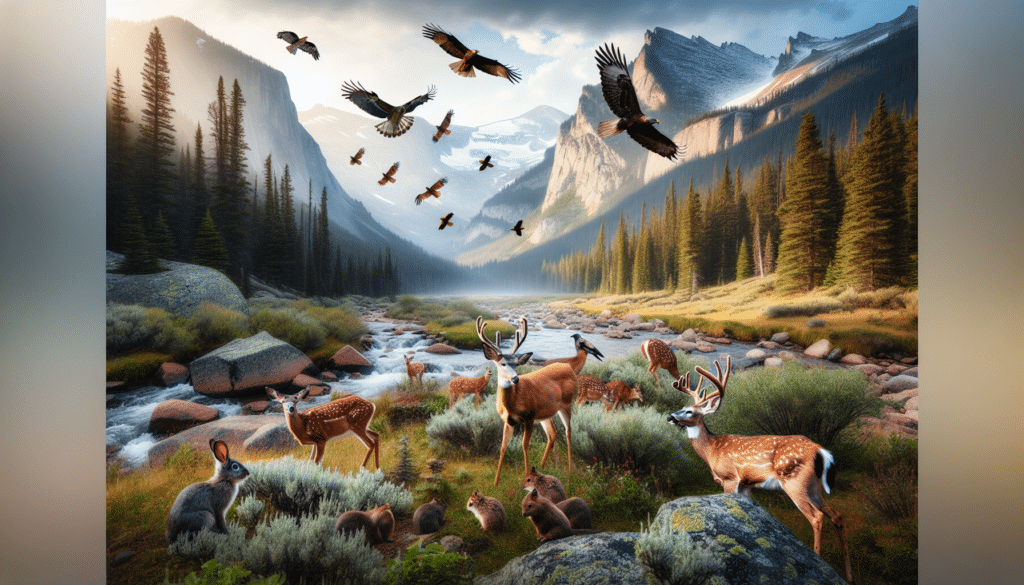 Generate an image depicting the raw beauty of Colorado's wildlife. The focus should be on a group of deer in their natural habitat, within woodland and mountainous terrains of Colorado. Emphasize tranquility and the abundance of wildlife by also including an assortment of animals like hawks in the sky, squirrels playing within trees, or beavers swimming in a river. Incorporate elements like native flora, rocks with moss, or snow-capped mountains within the scene. Make sure there are no humans, brand names, logos or text within the image.