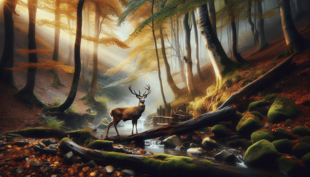 Create an image that resembles professional wildlife photography. Focus specifically on capturing a majestic scene from the Southern Zone during the start of the archery season for Deer and Wildlife Hunters. The scene should prominently feature a deer, elegantly posing in the rustic, woodland environment. The surrounding scenery should reflect the changing season, with an array of autumnal colors in the foliage and a cool mist rising from a nearby creek. Remember to exclude any human figures within the scene, and ensure no text, brand names, or logos are present in any part of the image.