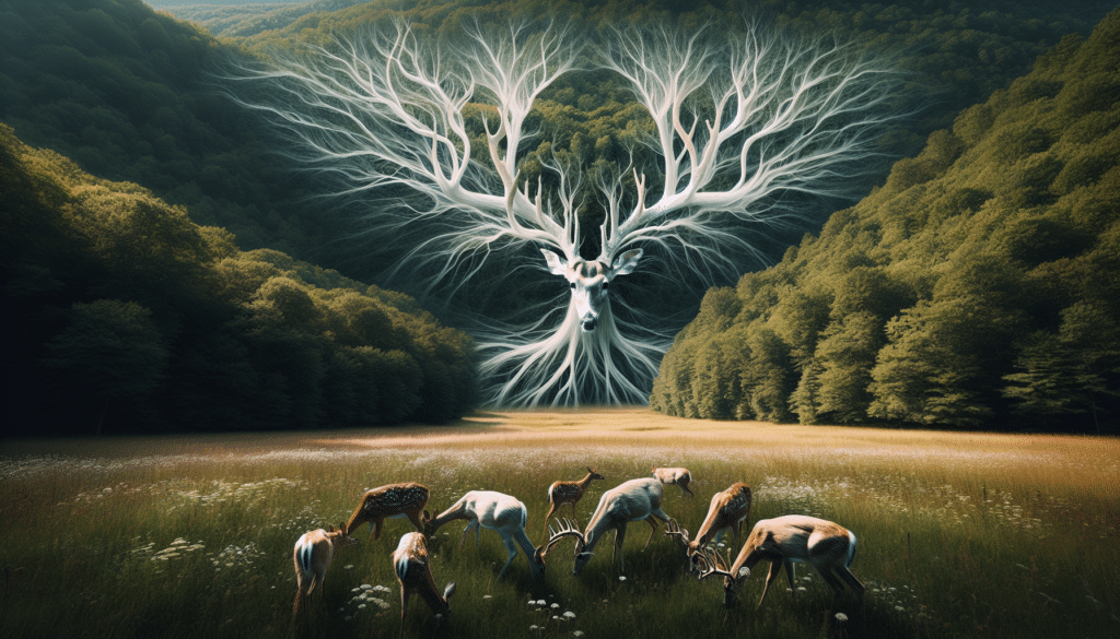 A captivating image emphasizing the raw beauty and subtle vulnerabilities of nature. In the heart of Kentucky's wild landscapes, we see a group of white-tail deer grazing in an expansive meadow filled with tall grasses and wildflowers. These majestic animals, noted for their unique white tail fur, are effortlessly highlighted against the vast green background. Surrounding them are dense forests, a testament to the abundant wildlife and natural beauty that Kentucky boasts of. Unfortunately, the sense of unease is undeniable due to the outbreak of Hemorrhagic disease. There are no visible signs of illness, people, brand names or logos, offering a pure, uninterrupted display of wildlife and nature.