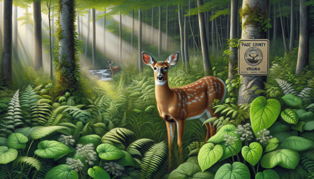 A detailed and realistic image of a healthy white-tailed deer in its natural environment, indicative of Page County, Virginia. The environment should look lush with native Virginia plants and foliage to depict a typical habitat for these majestic creatures in rural America. It should be captured in a manner characteristic of professional wildlife photography, conveying peace, and tranquility. Remember not to include any human figures, text, brand names, or logos in this imagery. The focus should be solely on the deer and its environment.