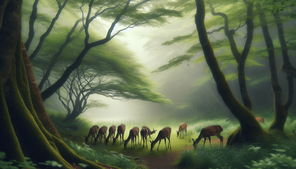 Generate a high-quality professional wildlife photograph focusing on a serene scene in nature. The image should center around a group of deer in their natural habitat, grazing peacefully or interacting with each other, to reflect the subject of deer welfare. The environment should be lush and full of life, highlighting the beauty of wildlife and its importance to our ecosystem. There should be no human presence, text, brand names or logos in the image. Emphasis should be on the natural beauty and the deer, subtly alluding to the importance of protecting these gentle creatures from diseases.