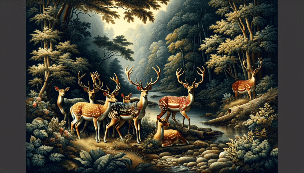 Craft an image that represents the themes of wildlife conservation and escaped exotic deer. Capture the serene nature setting with thick forests, and gentle streams. Centre the image around a group of elegant, exotic deer with varying colours and patterns, exuding a sense of allure and mystery. They are intertwined amongst the rugged vegetation, their alert eyes darting around, signifying their newfound freedom but also the dangers it entails. The scene distinctly lacks any human presence, brand names, and logos, just the pure, untamed wild taking centre stage. The absence of text corresponds to the users' preferences.
