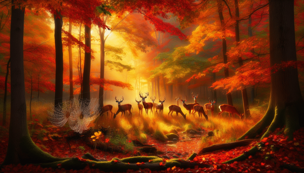Visualize a serene scene captured by a professional wildlife photographer in the midst of an Ohio fall season, showcasing the majestic beauty of deer. The colorful, vibrant foliage—it’s brilliant oranges, red, and yellows—is evidenced in the surrounding trees and forest floor, which beautifully frame a group of deer grazing peacefully amidst the tranquility. Dew-touched spider webs glisten in the morning sunlight as it filters through the leaves, and occasional fallen autumn leaves descend upon the quiet, natural scene. The deer are alert, embodying the essence of wildlife hunt that is about to unwind. The image captures the complex and harmonious relationships present in the ecosystem without featuring any human intervention, thus emphasizing the nature's inherent elegance and vitality.