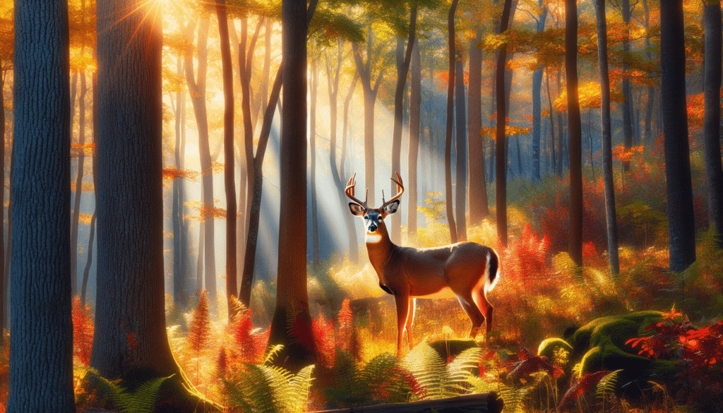 Vivid and high-quality wildlife scene in Wisconsin showcasing the native deer species in their natural habitat during the year 2025. It is during the prime of their feeding season, and the forest is vibrant with fall colors. Please focus on a majestic deer bathed in gentle sunlight, standing against a backdrop of towering trees. No individuals or human-made items should be visible in this serene, untouched snapshot of nature.