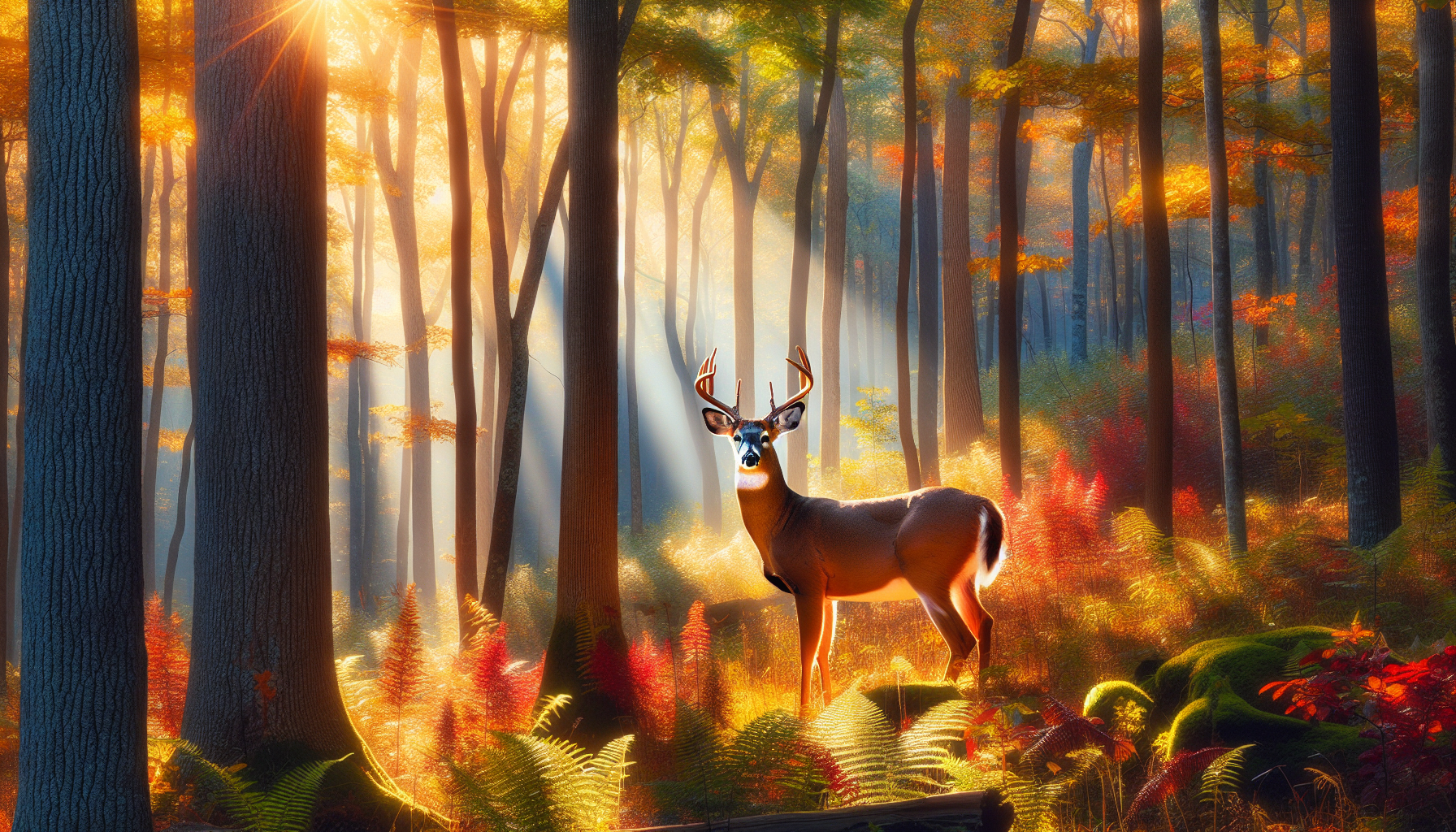 Vivid and high-quality wildlife scene in Wisconsin showcasing the native deer species in their natural habitat during the year 2025. It is during the prime of their feeding season, and the forest is vibrant with fall colors. Please focus on a majestic deer bathed in gentle sunlight, standing against a backdrop of towering trees. No individuals or human-made items should be visible in this serene, untouched snapshot of nature.