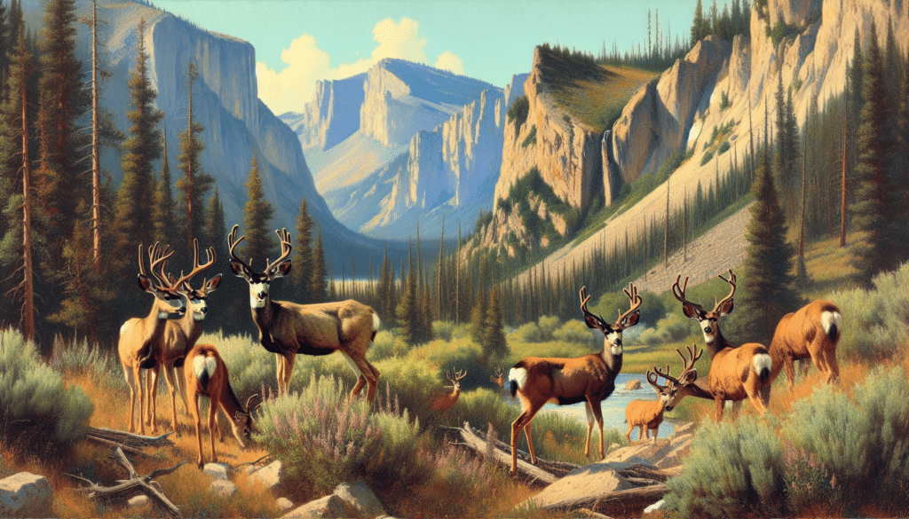 Generate an image of a serene nature scene illustrating the spirit of Wyoming wilderness. Focus on depicting mule deer, the protagonists of this scene, in the middle of their migration process. The scene should echo their resilience and natural beauty. Set against the backdrop of the wide-ranging and rugged Wyoming landscape, it should prioritize elements of the environment that naturally provide safeguards for deer such as dense forests, steep cliffs, or large bushes. The day is bright and sunny, contributing to a photographic quality of the image. No humans, text, or brand references should be included.