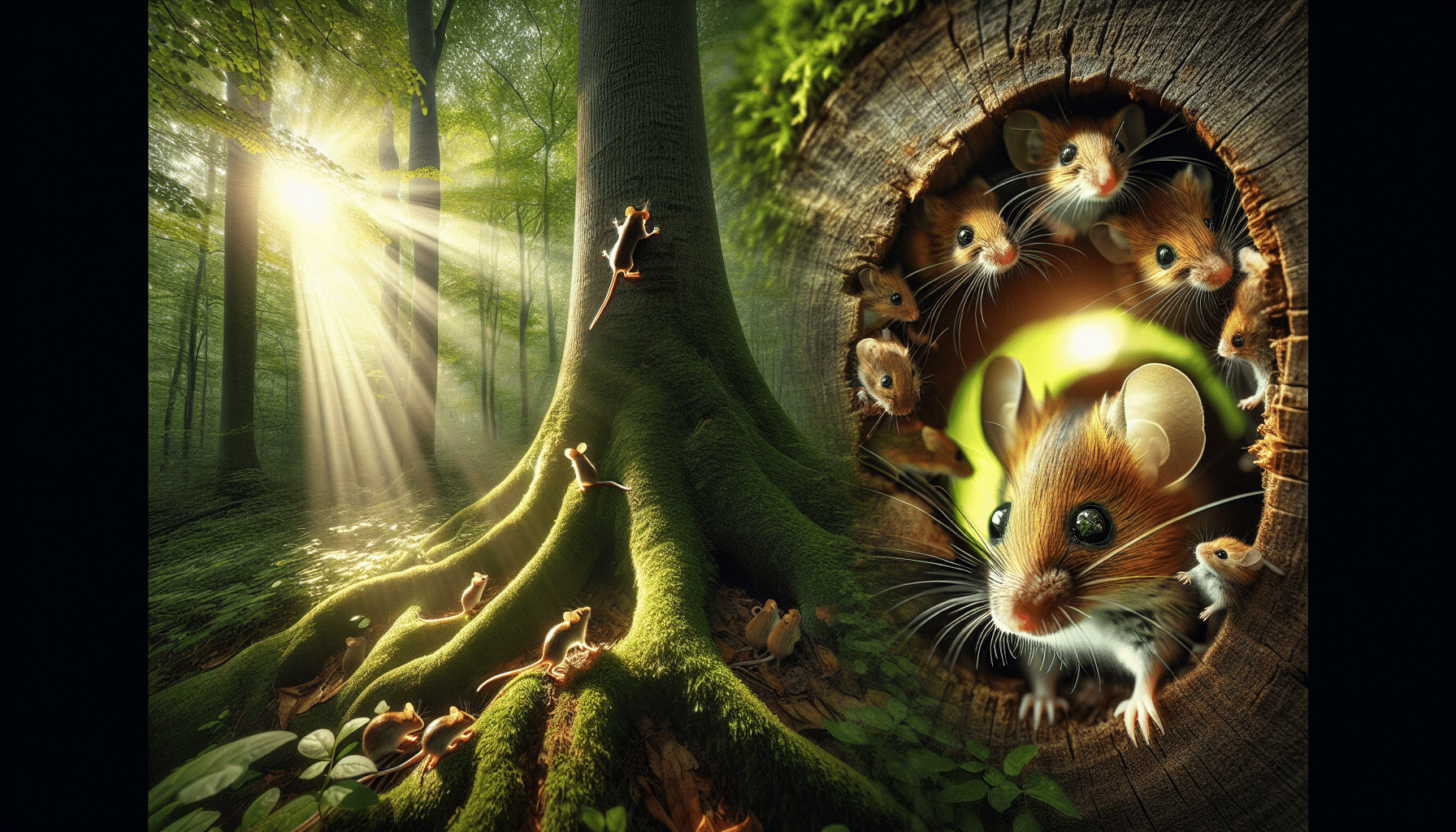 A dynamic scene unfolds in a lush forest where diminutive Deer Mice play a crucial role in the ecosystem. The focal point shifts between a close-up of a Deer Mouse with its bright eyes and bushy tail, a family of Deer Mice nestled in a knothole of a towering deciduous tree, and a wider view of their sylvan habitat, demonstrating the diversity of wildlife. The image captures the ethereal glow of sunlight filtering through the leaves, illuminating the hidden world of these tiny creatures and encapsulating the essence of wildlife and conservation ecology. No sign of human interference, brands, or text marks the serene perspective.