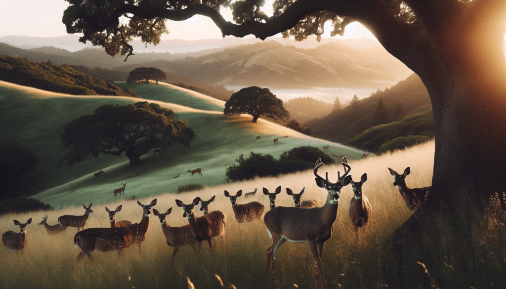 Generate a professional wildlife photography-styled image which highlights an influx of deer gathering in the Oakland Hills. Focus on capturing the inherent grace of the deer as they navigate their natural environment. The background should display rolling green hills, majestic oaks spread sparsely throughout the landscape. The setting should be especially serene: a gleaming sunrise accentuating minute details of the dew-slicked grass, perhaps some early morning fog lingering between the trees. No people, brand names, logos or text should be present. Also, be sure that the wildlife's presence seems natural and not invasive to the neighborhood.