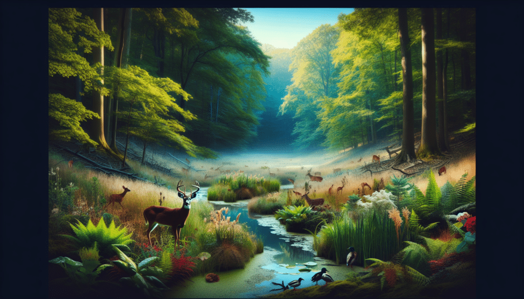 Generate an image showcasing a serene wildlife scene located in Ohio. The scene needs to center on deer, with emphasis on their natural habitat, evoking a strong sense of conservation efforts. Vibrant signs of healthy biodiversity should be visible, such as lush trees, varied plant life, and other animals coexisting harmoniously. Make sure to capture the beauty of nature, with the balance between flora and fauna, to illustrate the harmony in their ecosystem. Creatively add elements that subtly hint at the challenges they face, like dry patches, emphasizing the importance of their conservation. No visible human presence, text, logos, or brand names should be in the image.