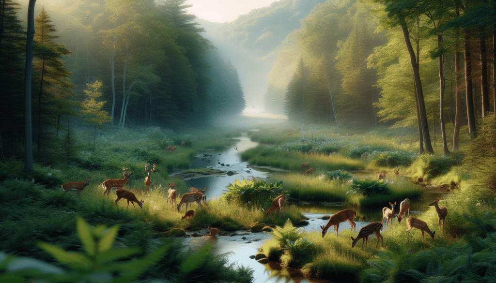 A captivating image of wildlife conservation through the lens of deer habitat. A pristine landscape with soft morning light, highlighting lush, green foliage, dense forests, and a calm stream flowing through. A variety of deer species, such as whitetail and mule deer, are peacefully grazing on plants, or drinking water from the stream. There are no visible humans or human-made structures, and no signs of hunting activity. Far in the background, the subtle presence of other wildlife, like birds and squirrels, enhances the natural balance of the scene.