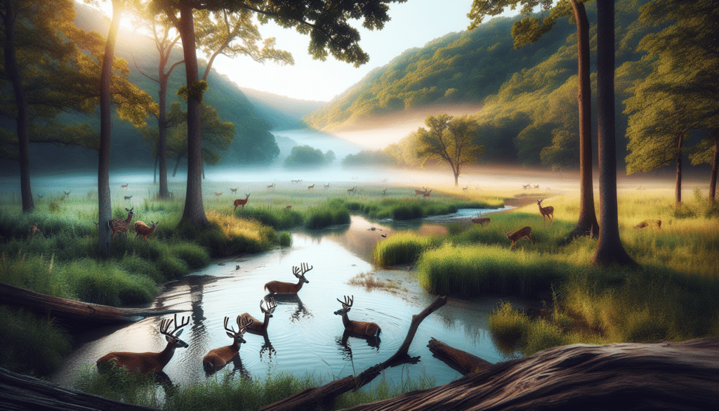 Create a crisp and visually stunning image suitable for professional wildlife photography. The focus should be on a scene from Missouri's rural landscapes during deer season. The image needs to highlight the careful balance between deer and wildlife, interspersed among verdant forests and serene water bodies. Be sure to capture the sheer beauty and majesty of deer in their natural habitats, signifying the start of the deer season. Avoid including any people, text, brand names or logos within the image so as to keep the spotlight on nature and wildlife.