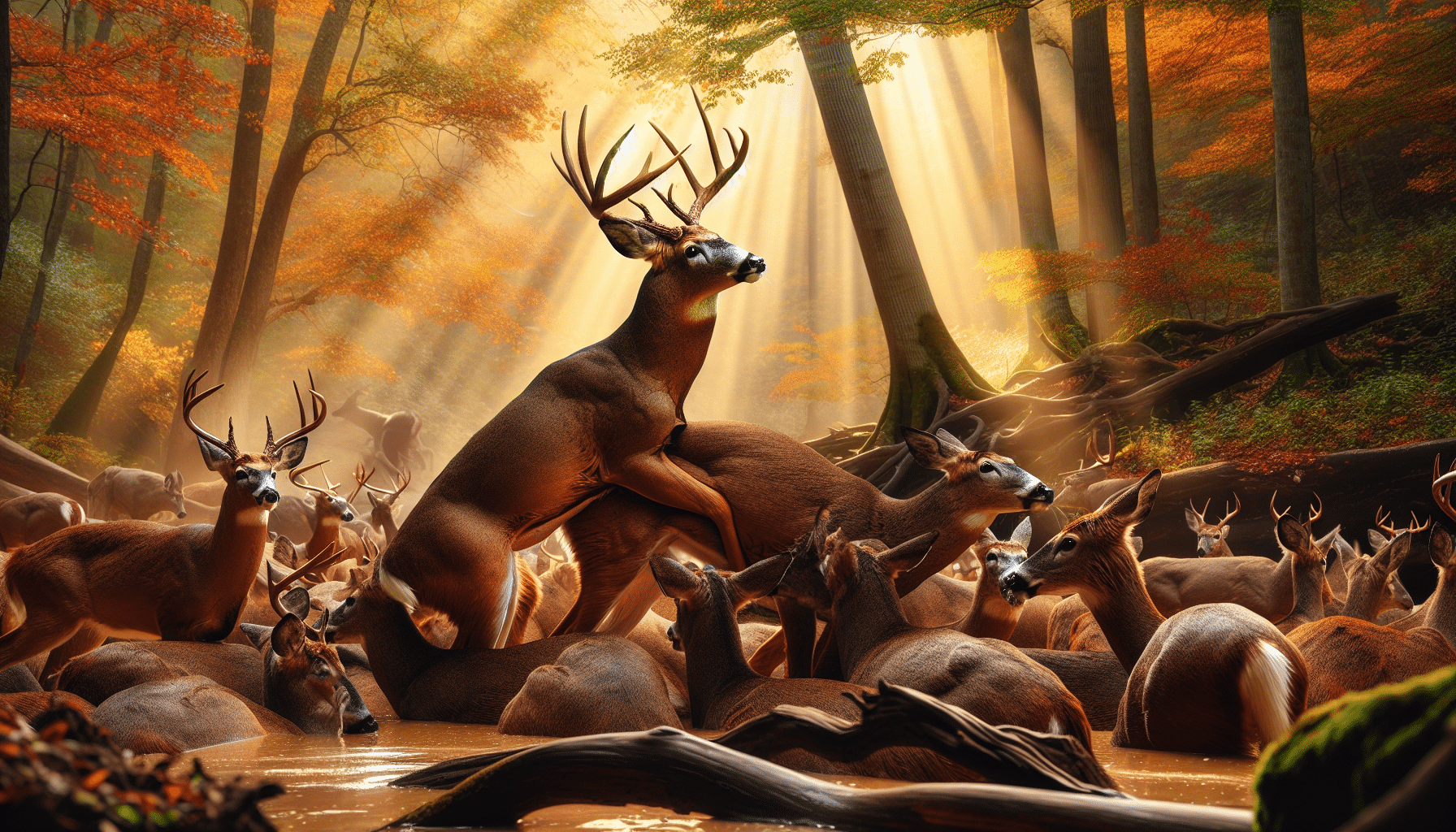 Create a compelling image that portrays the wildlife of Virginia during the deer mating season. The scene should capture the urgency and intensity of this natural phase, putting emphasis on deer interacting in their natural habitats, possibly incorporating forest environments, fall foliage, and other elements of Virginia's wildlife. Ensure the scene underlines the sense of a 'surge' in activity without showing actual collisions or distressing scenes. Make sure there are no human elements, text, brand names, or logos present in the scene.
