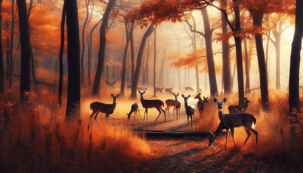 Generate a captivating, professional quality photograph of wildlife in a setting that might resemble Nebraska. The scene should capture the natural beauty of the fall season, with trees in vibrant colors, amber leaves falling, and the cool crisp aura of the setting. A group of deer is evident, their slim graceful bodies silhouetted against the autumn backdrop, either grazing quietly or crossing a woodland pathway. The alertness in their stance could suggest the proximity of passing vehicles or the innate caution of these creatures. The image should be void of any human presence, text, branding or logos.
