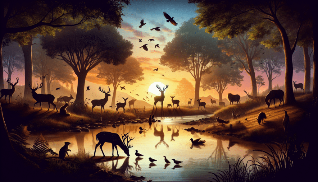 Create an image depicting a serene deer park at dusk. Within the scene, include a group of graceful deer gathered near a crystalline stream, their silhouettes reflected in the gently moving water. Nearby, include varied wildlife such as squirrels foraging for food and birds flying in the backdrop of the setting sun, creating a natural symphony to symbolize 'music night'. Infuse the scenery with colors of the golden hour to give a nod to the 'unique mystery'. Let the viewer feel the peaceful coexistence of nature and wildlife that supports the narrative of the image. Ensure that no humans, text, brand names or logos are present in this image.