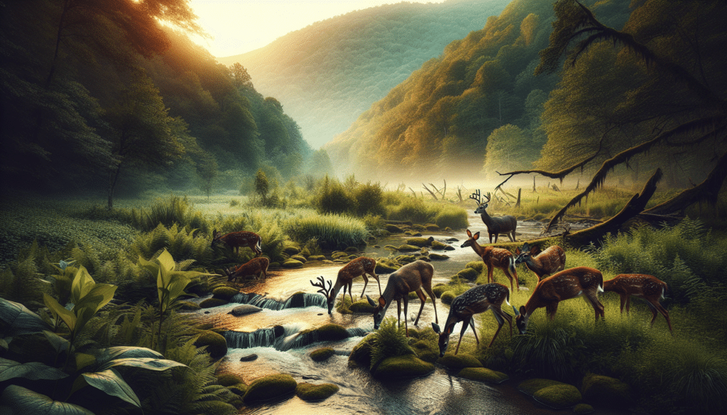 Create a nature centric image that captures the heart of Tennessee's wildlife, focusing exclusively on the local deer population. Highlight a group of deer in their natural habitat - in the meadows, around streams, or within the traditional woodlands. Balance this scene with details of the surrounding environment, emphasizing the local plant species and landscape. In the background, subtly include representative elements from eight distinct regions, to subtly depict the spread of a disease outbreak. Ensure the scene is serene, underscoring the hidden risks within the seemingly peaceful setting. There should be no people, text, brand names, or logos.