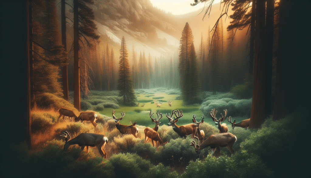 Create an image that captures the beauty of wildlife, focusing on a serene scene of mule deer in their natural habitat. The image should emphasize the harmony between the deer and the environment, illustrating the balance of hunting and conservation. Elements that can be included are a group of mule deer grazing peacefully in a verdant forest, their majestic antlers standing tall, the colors of the setting sun painting the forest in golden hues. There should be no human presence, no text, and no brand logos within the imagery, adhering closely to the theme of undisturbed nature and wildlife conservation.