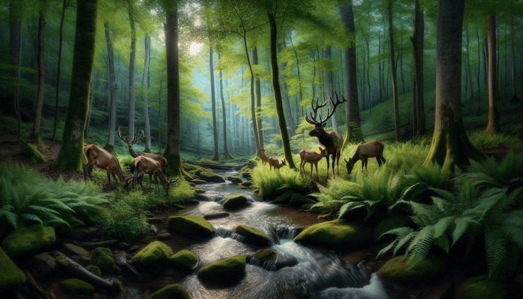 For a professional wildlife photography image, imagine a scene set in the dense forests of Kentucky. Crystal clear streams meander through patches of vibrant ferns and towering deciduous trees. A group of majestic white-tail deer, their sleek bodies half concealed by foliage, is quietly grazing on a patch of fresh grass. Nearby, a mighty elk stands proudly with its elaborate antlers catching the sunlight filtering through the forest canopy. These noble creatures are thriving, embodying the essence of untamed wildlife. Please note there are no humans, text, or brand logos in the image, strictly the serene beauty of nature and wildlife.