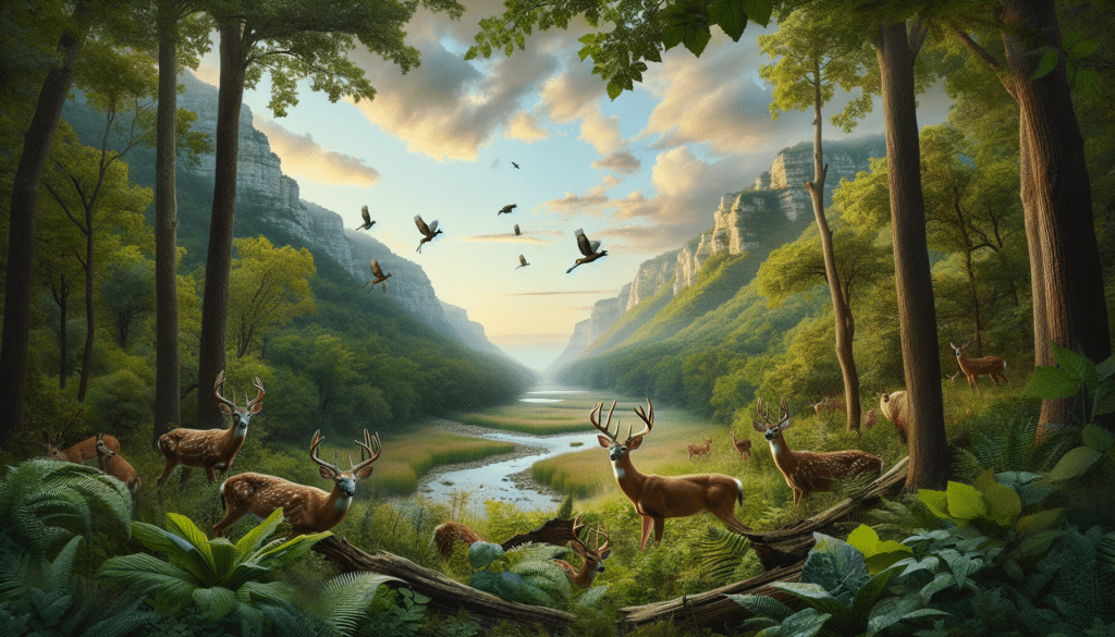Generate a realistic wildlife photograph showcasing a scene representing Missouri's rich biodiversity. The main focal point should be a herd of healthy deer, symbolizing their continued survival despite the adversity of Chronic Wasting Disease. The setting should be a natural Missouri landscape in the midst of wilderness, with diverse flora and fauna around, but without any human presence. Maintain no visible signs of human civilization like structures, vehicles or brand names. Also, ensure the image is free of any text.