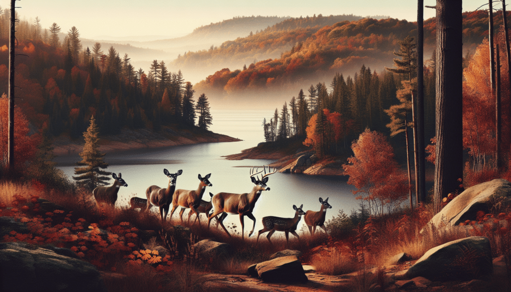 Generate a realistic wildlife photography image symbolsing the concept of deer hunting in Wisconsin's natural landscape, without featuring any humans or man-made objects. The scene should prominently feature a group of healthy, majestic deer in their natural habitat. The backdrop should offer a glimpse of Wisconsin's lush, forested landscape, dotted with autumnal trees and a serene lake. Capture the peaceful symbiosis of the animals with nature, emphasizing the deer's elegant movement, and the tranquility of their environment.