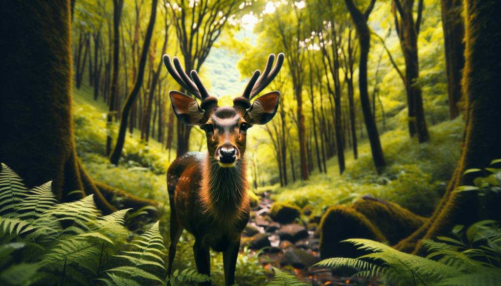 Generate an image of a majestic deer in the wild, surrounded by a lush, vibrant forest. The deer should be alert, with its ears pricked, illustrating the constant vigilance required in nature. Focus on capturing the beauty and power in this wildlife scene. Ensure that the image contains no people, text, brand names or logos. Create a picturesque, serene scene that highlights the natural habitat of deer and underscores the importance of wildlife preservation.