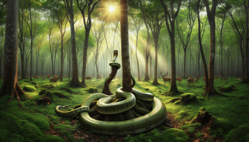 Create an immersive wildlife image that encapsulates the unexpected surprise of encountering exotic wildlife. The scene should primarily focus on a vast open forest with luscious green foliage, customary to deer sightings. With an aesthetic similar to professional wildlife photography, the emphasis should be on the details of nature, with sun rays piercing through the dense canopy of trees. Towards the center of the image, a large, 9-foot Boa Constrictor is elegantly coiled around a tree trunk, demonstrating the untamed nature and surprises of wildlife. Make sure to exclude any human presence, textual elements, brand names, or logos from the image.