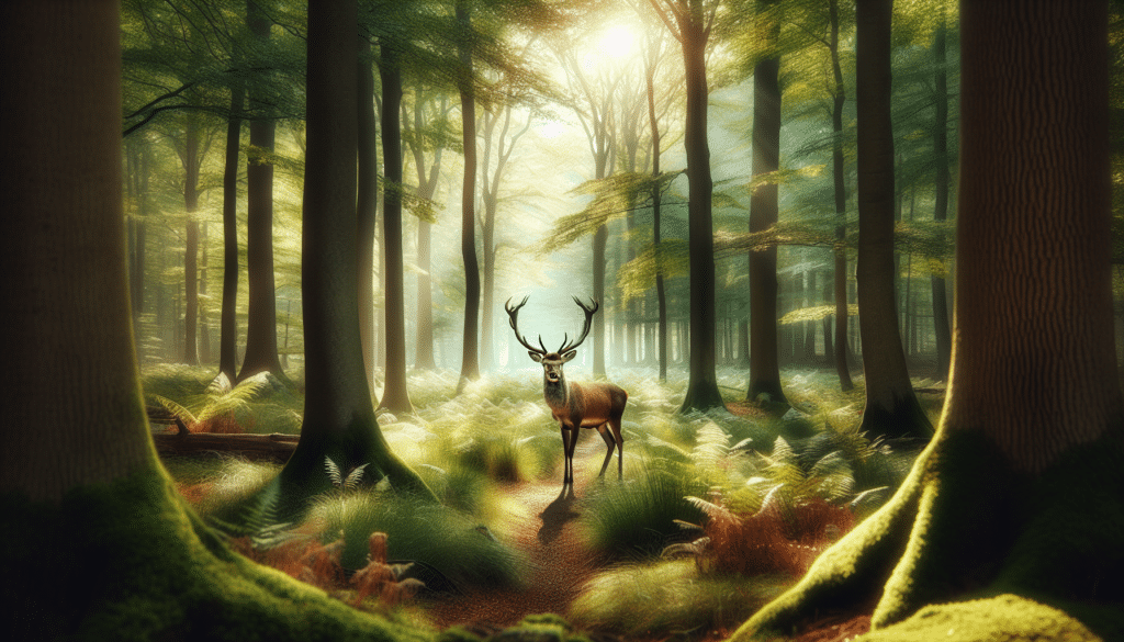 An image capturing the serene beauty of the wildlife. Focus on a majestic deer standing gracefully in the middle of a lush forest. This photograph should possess a professional and high-quality allure, reminiscent of scenery from a premium wildlife magazine. To enhance the natural atmosphere, the deer is surrounded by tall trees, the undergrowth is visible underfoot, punctuating the scene with shades of green. The morning sun filters through the foliage creating a bright but gentle light. Emphasize the magnificence of the deer as it becomes the highlight of the image. Remember to avoid displaying any text, brand names, logos or humans in the scene.