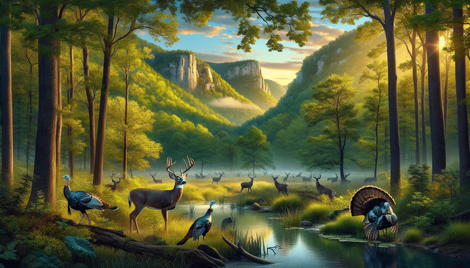 Generate a vivid outdoor scene that focuses on an atmospheric illustration of the Ozark Wilderness under ideal weather conditions for deer and turkey hunting. The image should have a professional wildlife photography aesthetic, featuring detailed and life-like renditions of deer. Incorporate various elements of wildlife and nature such as turkeys, dense green forests, clear brooks, and hilly terrains, but do not include any humans, brands, or logos. Set the scene during the golden hour, either early morning or late afternoon, to evoke a serene and tranquil mood.